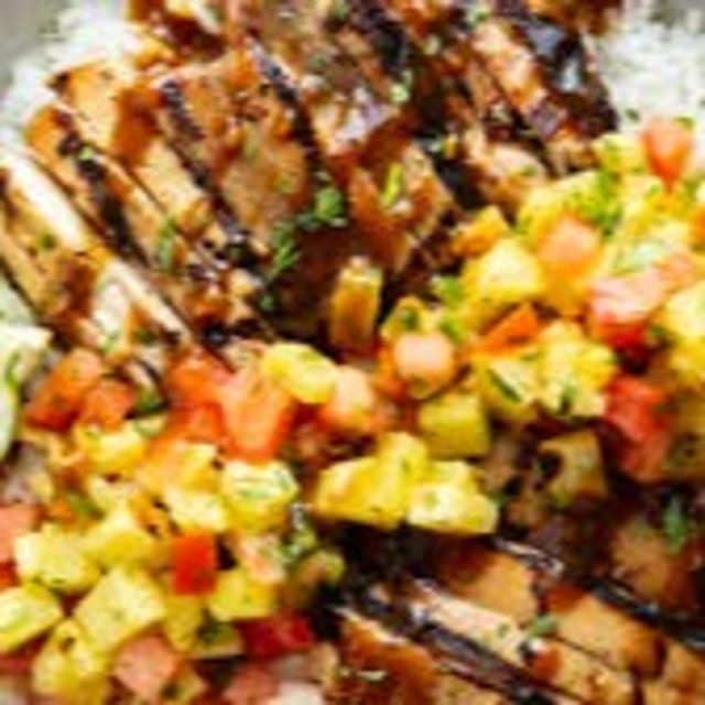 Hawaiian Rice Bowl - BBQ chicken, grilled pineapple, cucumber, avocado.