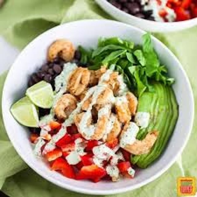 Mexican Rice Bowl - Grilled Shrimp, Sautéed onion RED peppers jalapeño, avocado.