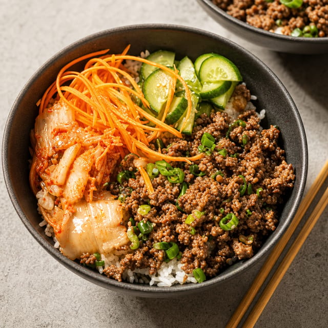 Korean Rice Bowl - BBQ Ground Beef, Fried egg, Cucumber, Carrots.