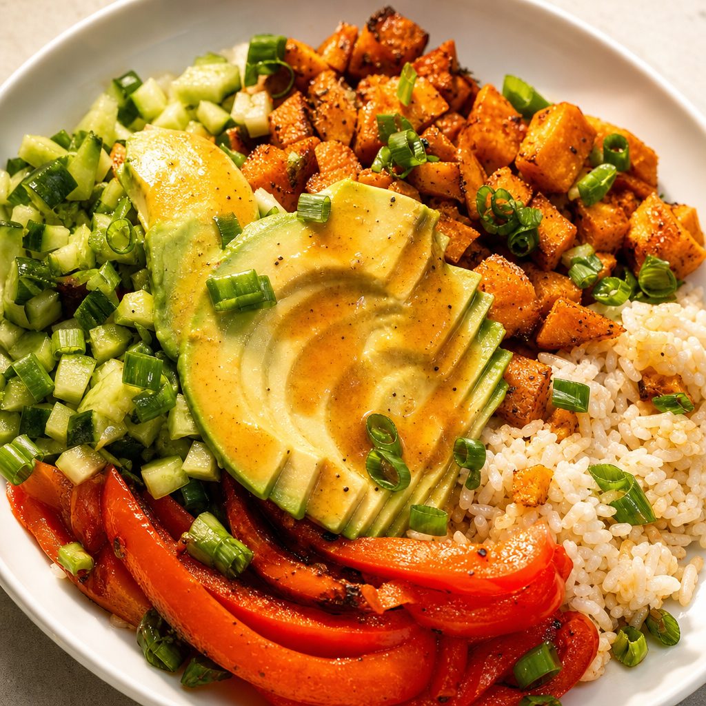 Vegan Rice Bowl - Carrots, cucumber, avocado, sautéed mixed veggies.