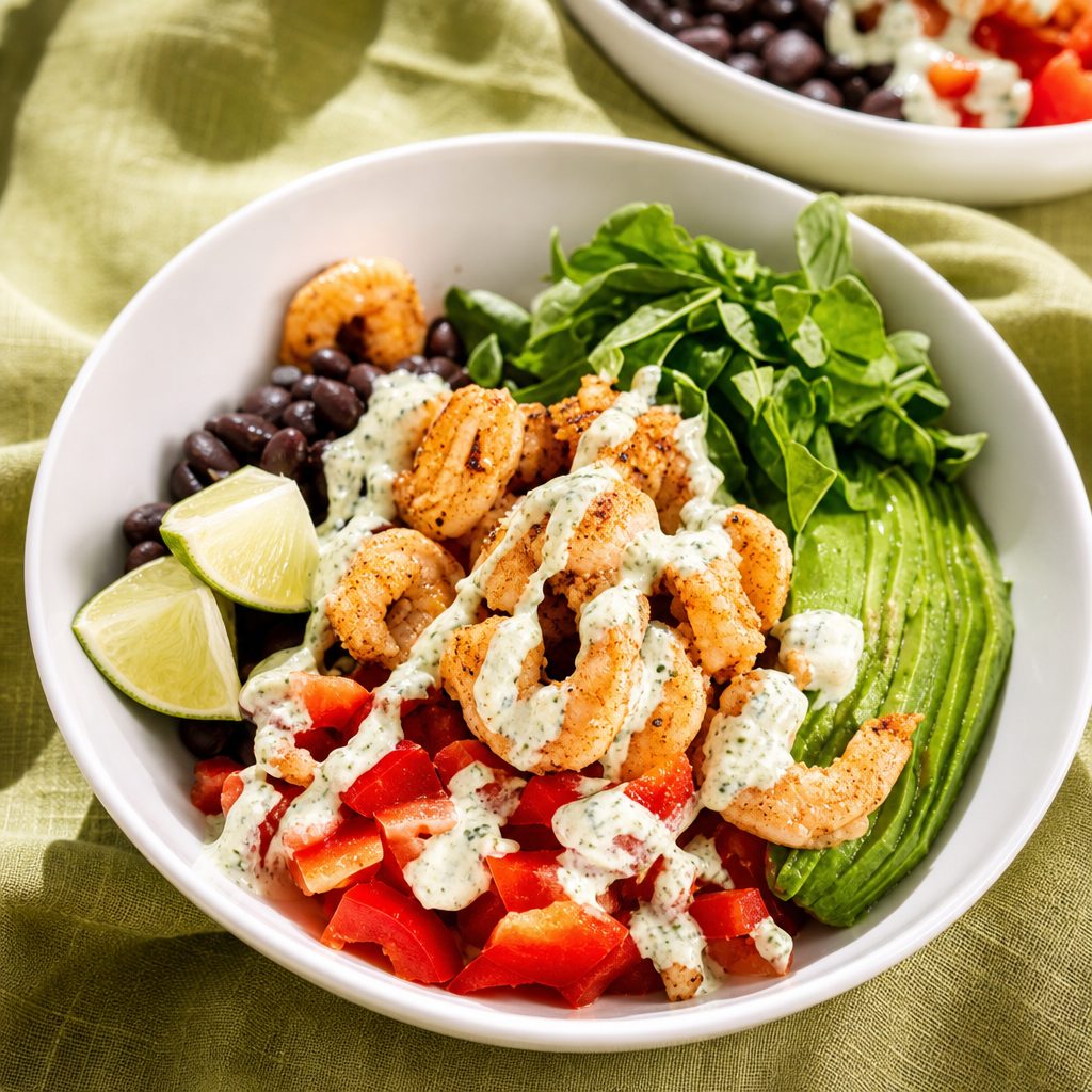 Mexican Rice Bowl - Grilled Shrimp, Sautéed onion RED peppers jalapeño, avocado.