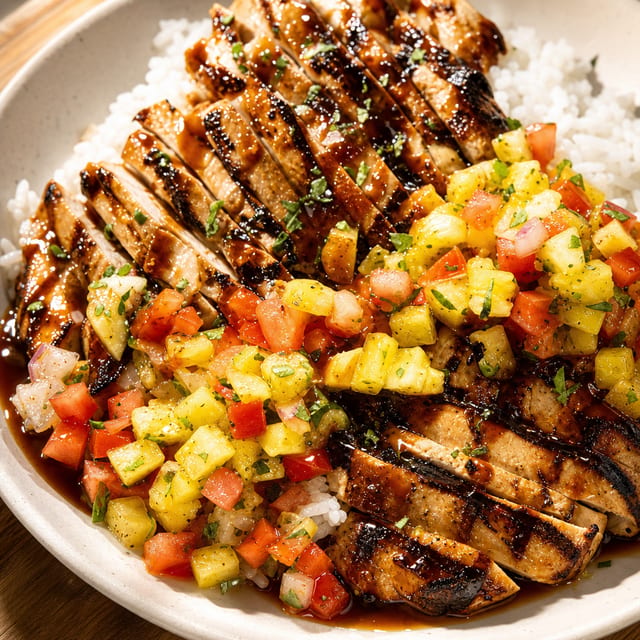 Hawaiian Rice Bowl - BBQ chicken, grilled pineapple, cucumber, avocado.