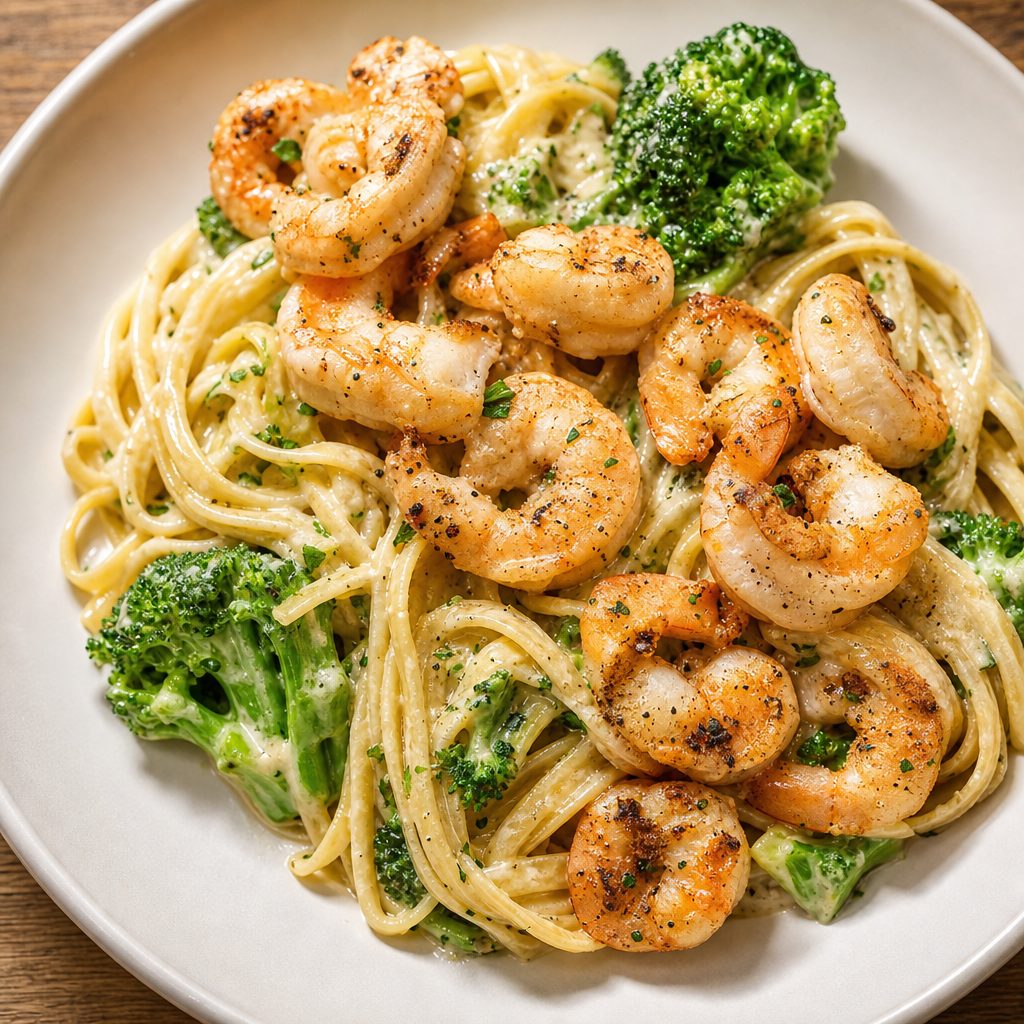 Shrimp And Chicken Mushroom Alfredo.