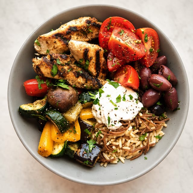 Greek Rice Bowl -Tomato, cucumber, carrots, Feta, Kalamata, Olives, Grilled Chicken.