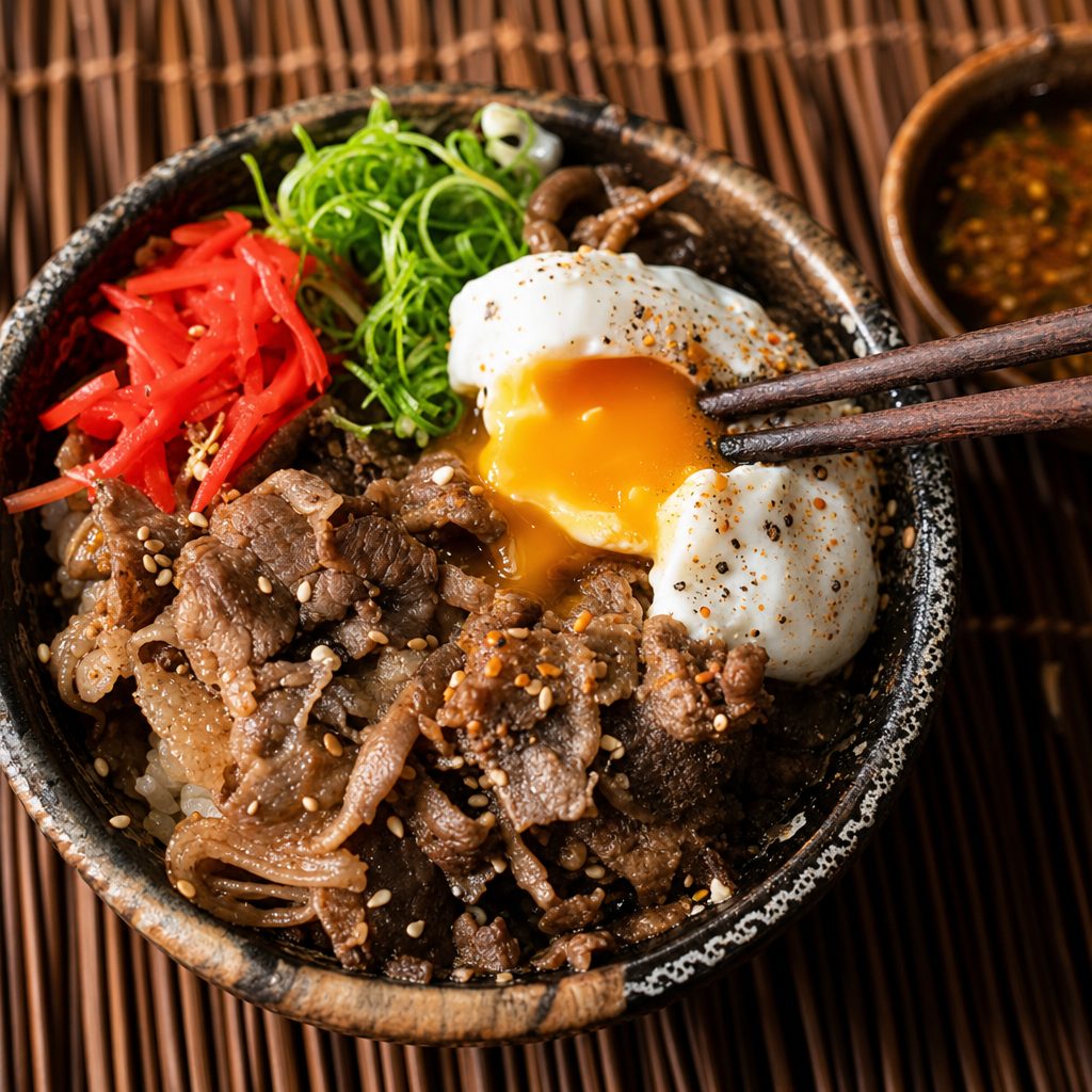 Jamaican Rice Bowl - Sweet Chili Steak Tips, Fried egg, Avocado, Cucumber.