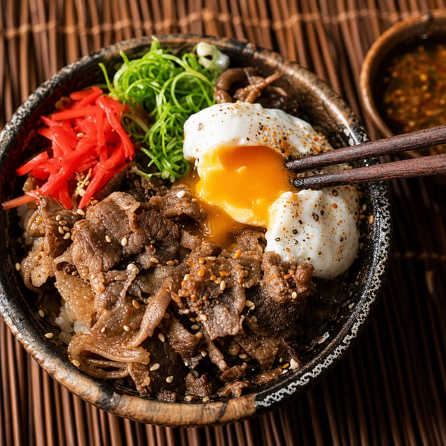 Jamaican Rice Bowl - Sweet Chili Steak Tips, Fried egg, Avocado, Cucumber.